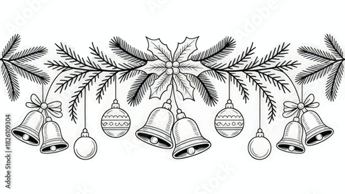 Christmas Garland with Bells, Holly Leaves, and Hanging Ornaments in Black and White