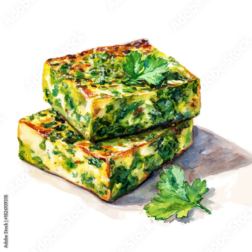 Watercolor-style vector illustration of Saag Paneer, isolated on a clean white background.