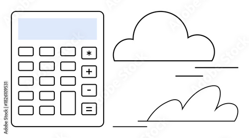 Calculator next to simplified clouds, combining finance, technology, and data representation. Ideal for fintech, cloud accounting, cost calculation, data storage, analysis prediction and business