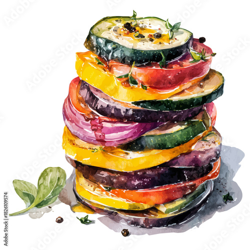 Ratatouille in watercolor painting style, vector illustration on white background.