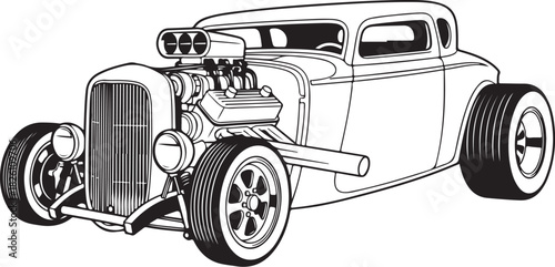 Classic american hot rod car line art illustration, vintage vehicle
