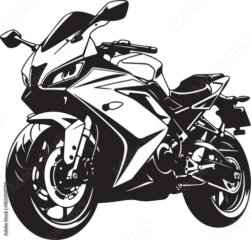 Sport motorcycle vector graphic, black and white illustration