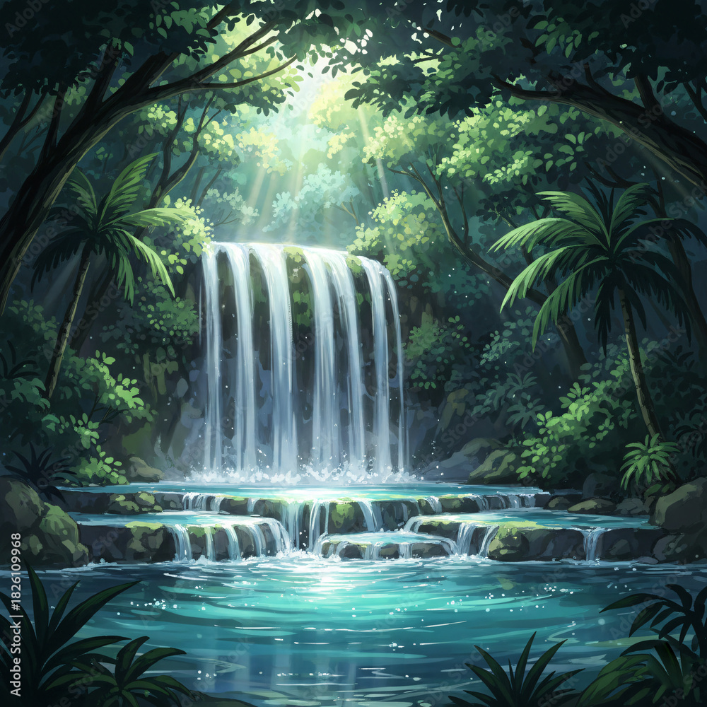 Naklejka premium Beautiful tropical waterfall illustration in lush rainforest with sunlight beams. Serene jungle nature landscape background with turquoise pool and palm trees.