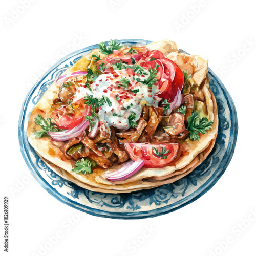 Watercolor-style vector illustration of Shawarma Plate, isolated on a clean white background.