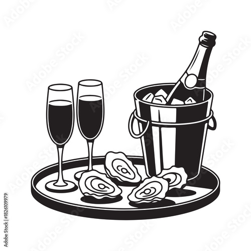Champagne Bottle and Oysters Luxury Dining Vector