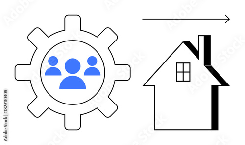 Gear with team icons symbolizing collaboration connected to a house with an arrow indicating movement. Ideal for teamwork, project management, homeownership, efficiency, community, process dynamics