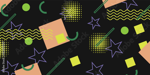 Retro black background with colorful geometric shapes. Black background with purple, green, and yellow elements in a playful style. Fun memphis pattern background. Black background vector.