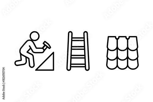 Roofing tools and icons: line art symbols of worker, ladder, and roof tiles