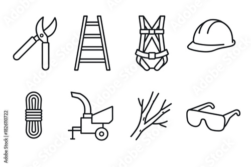 Safety equipment and gardening tools icons in linear style for work and outdoor projects