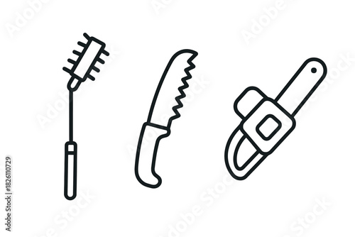 Outline icons of cleaning brush, bread knife, and chainsaw for home and garden use