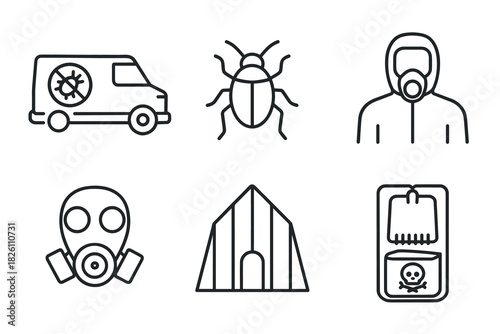 Pest control icons set: linear design featuring van, insect, protective gear, and traps