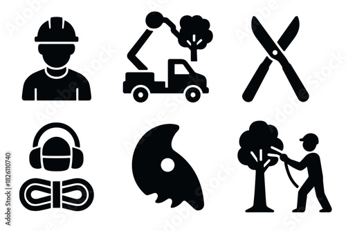 Silhouette icons of tree maintenance: arborist, tools, and safety gear