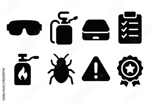 Pest control icons: safety, equipment, and inspection symbols set