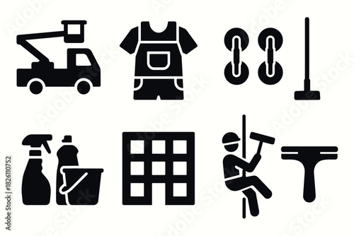 Window cleaning icons: tools, gear, and equipment in silhouette style