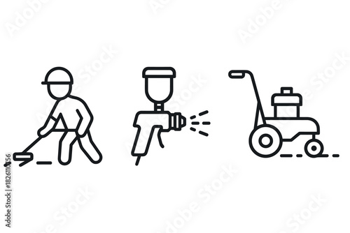 Construction and maintenance icons set with worker, paint sprayer, lawn mower in linear style
