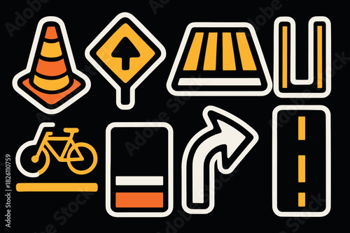 Bold traffic and road signs set in flat design on black background