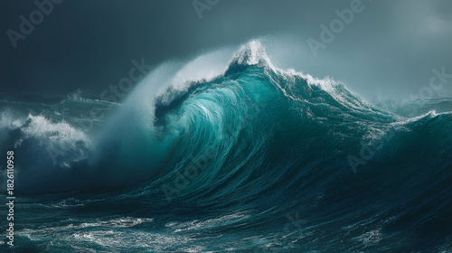 Massive ocean wave crashing with force