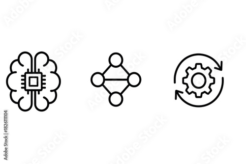 Artificial intelligence icons featuring neural network and automation symbols