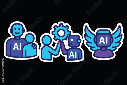 Futuristic technology icons showcasing human and ai collaboration in a modern, cartoon style
