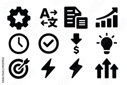 Set of black silhouette icons featuring business and productivity symbols