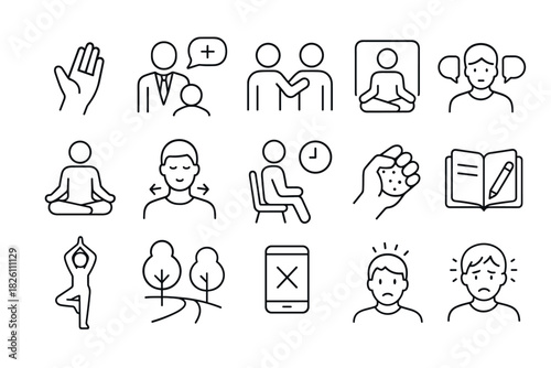 Minimalist icons of mindfulness, wellness, and relaxation activities in line art style