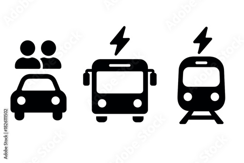 Silhouette icons of carpool, electric bus, and train for urban mobility