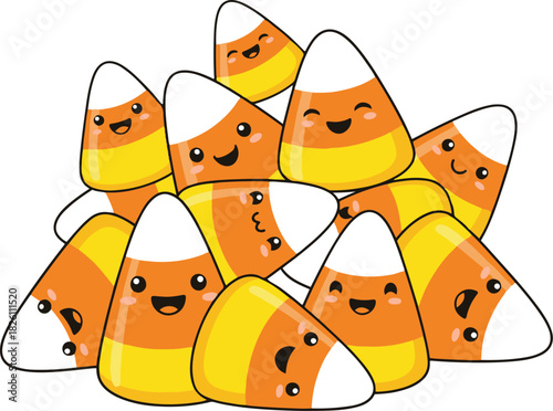 A cute flat vector illustration of a pile of happy candy corn characters with smiling faces and rosy cheeks, 