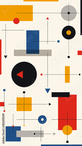 abstract geometric modern design with primary color shapes on beige background forming balanced grid and dynamic composition linked by thin black lines for contemporary art and creative visual decor