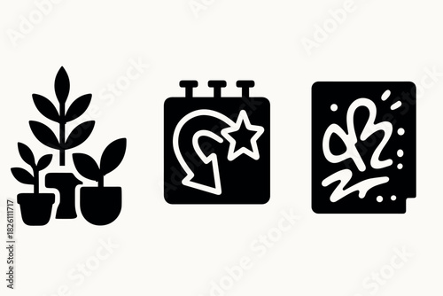 Minimalist icons for gardening, favorites, and creativity in bold black and white design