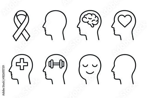 Linear icons depicting mental health and awareness concepts