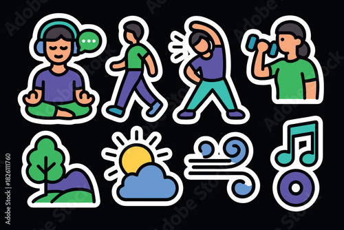 Healthy lifestyle icons: fitness, meditation, nature, and wellness symbols