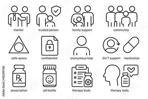 Mental health support icons: trust, safety, community, and therapy tools