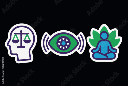 Colorful symbols of justice, awareness, and meditation on black background