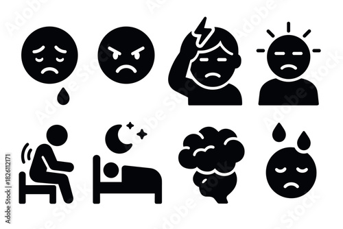 Monochrome depressed emoticons and stressed illustrations for mental health awareness