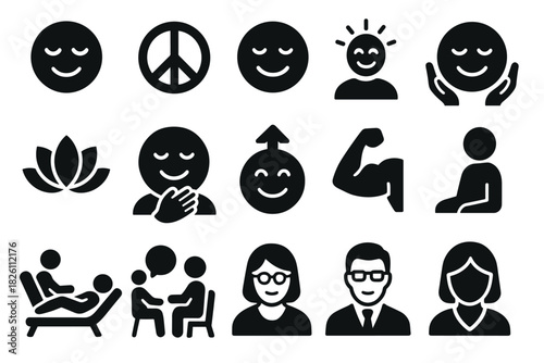 Flat icons of wellness and mindfulness with smiling faces and peace symbols