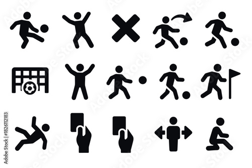 Silhouette icons of soccer player actions and referee signals