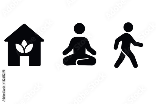 Silhouette icons of home, meditation, and walking for wellness lifestyle designs