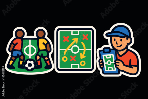 Soccer strategy game: colorful cartoon style with players and tactics board