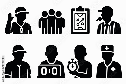 Silhouette icons of sports team and coaching elements