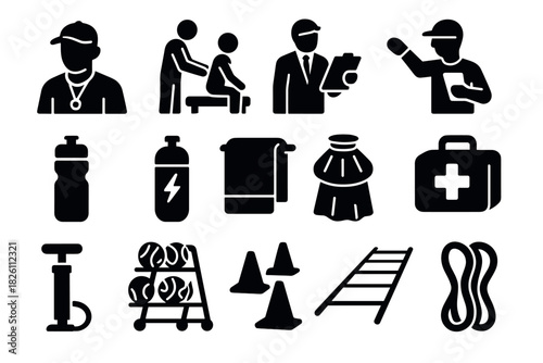 Coach and training equipment icons set: silhouette style for fitness and sports