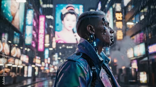 Futuristic figure in neon-lit city, rain-soaked streets with vibrant billboards