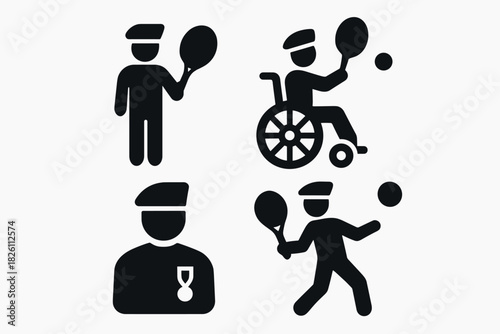 Diverse tennis icons: accessibility and sports in black silhouette