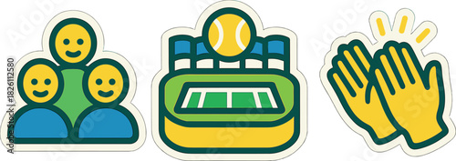 Colorful emoji stickers featuring smiling faces, sports stadium, clapping hands