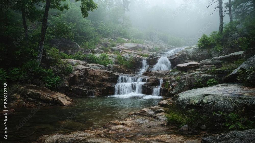 Fototapeta premium A misty forest waterfall cascading over rocky ledges into a shallow pool. Concept Misty Forest Waterfall, Cascading Water over Rocky Ledges, Shallow Pool in Woodland, Ethereal Forest Atmosphere