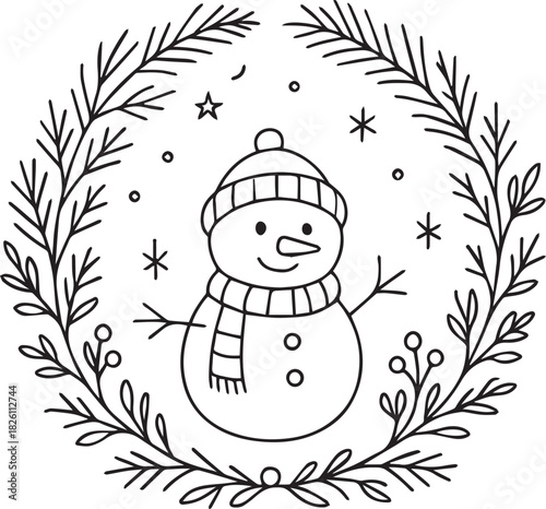 Hand-drawn doodle vector illustration of a cute snowman inside a mistletoe wreath, created in simple black and white line art for winter themes, holiday crafts, Christmas designs and coloring pages.