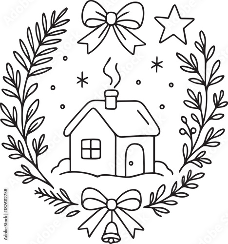 Hand-drawn doodle vector illustration of a cozy house inside a mistletoe wreath decorated with bows, created in simple black and white line art for winter themes, holiday crafts and coloring pages.