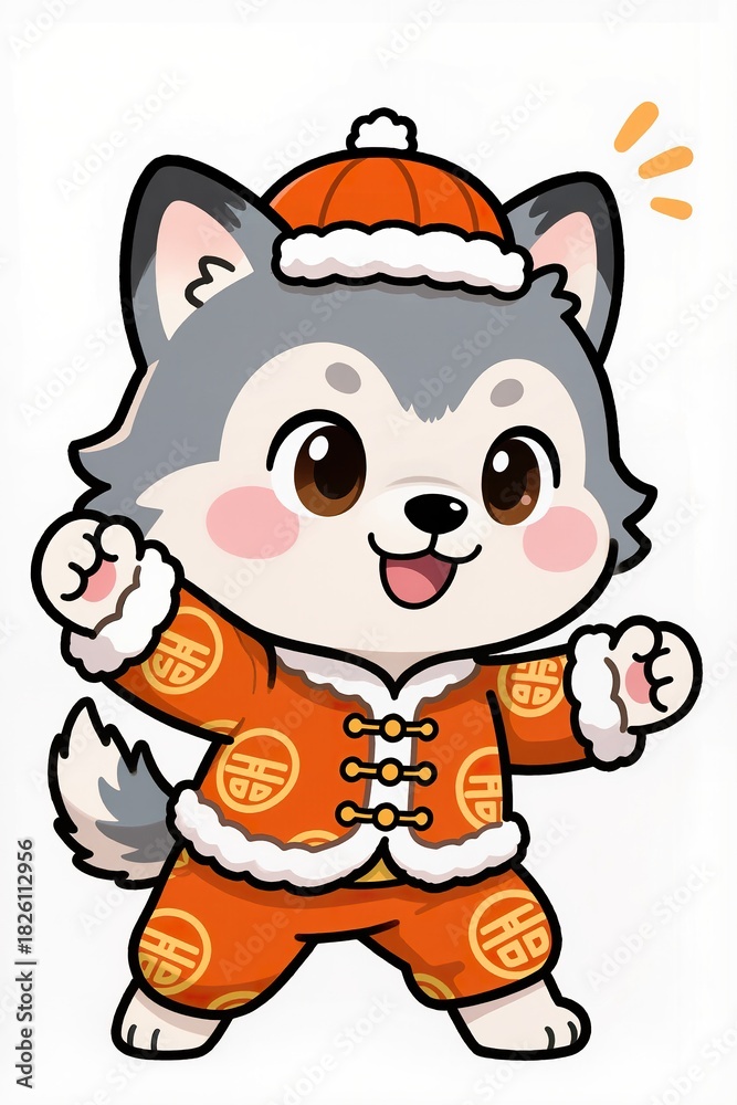 Naklejka premium Adorable chibi Wolf mascot with plump round face, big gleaming eyes, rosy cheeks, soft brush line art, dressed in orange New Year outfit with lucky symbols, cute playful stance, white background
