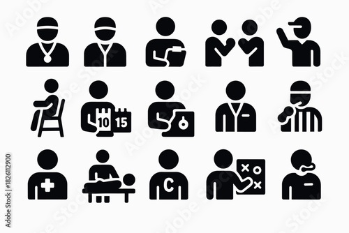 Athletic icons set with sports symbols featuring coaching, health, and fitness elements