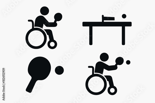 Inclusive table tennis icons: wheelchair accessibility and sports equipment