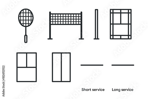 Minimalist linear badminton icons: racket, court, net, lines, service areas